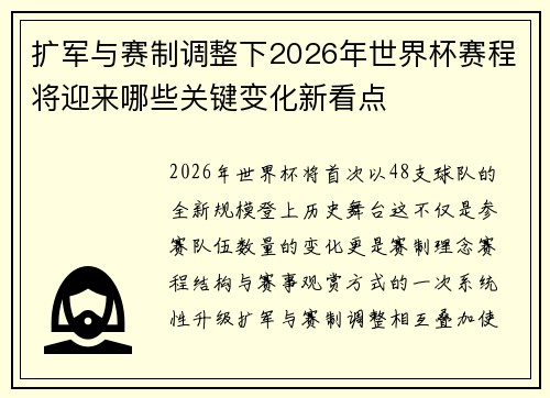 扩军与赛制调整下2026年世界杯赛程将迎来哪些关键变化新看点